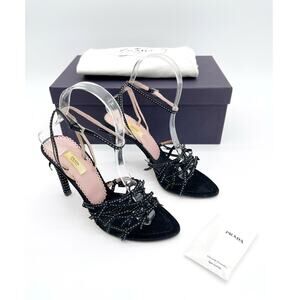Prada Vintage Retro Black Satin Grosgrain Bow Ankle Strap Sandals Heels IT 36